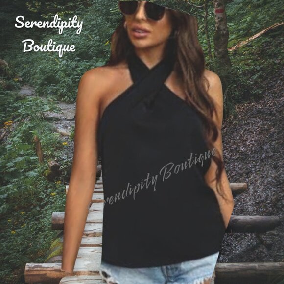 Classy Silky Black Grecian Neck Wrap Halter Ruched Cowl Sleeveless Sexy Blouse - Picture 3 of 6